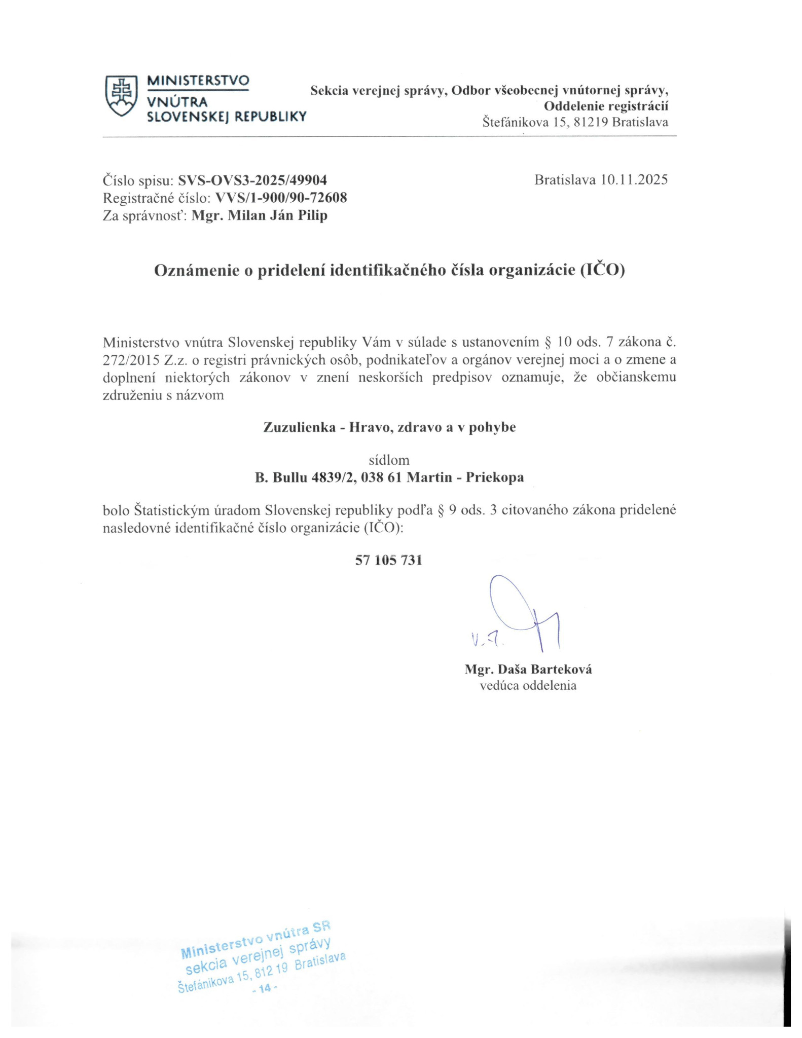 Oznámenie Ministerstva vnútra SR o pridelení IČO občianskemu združeniu Zuzulienka